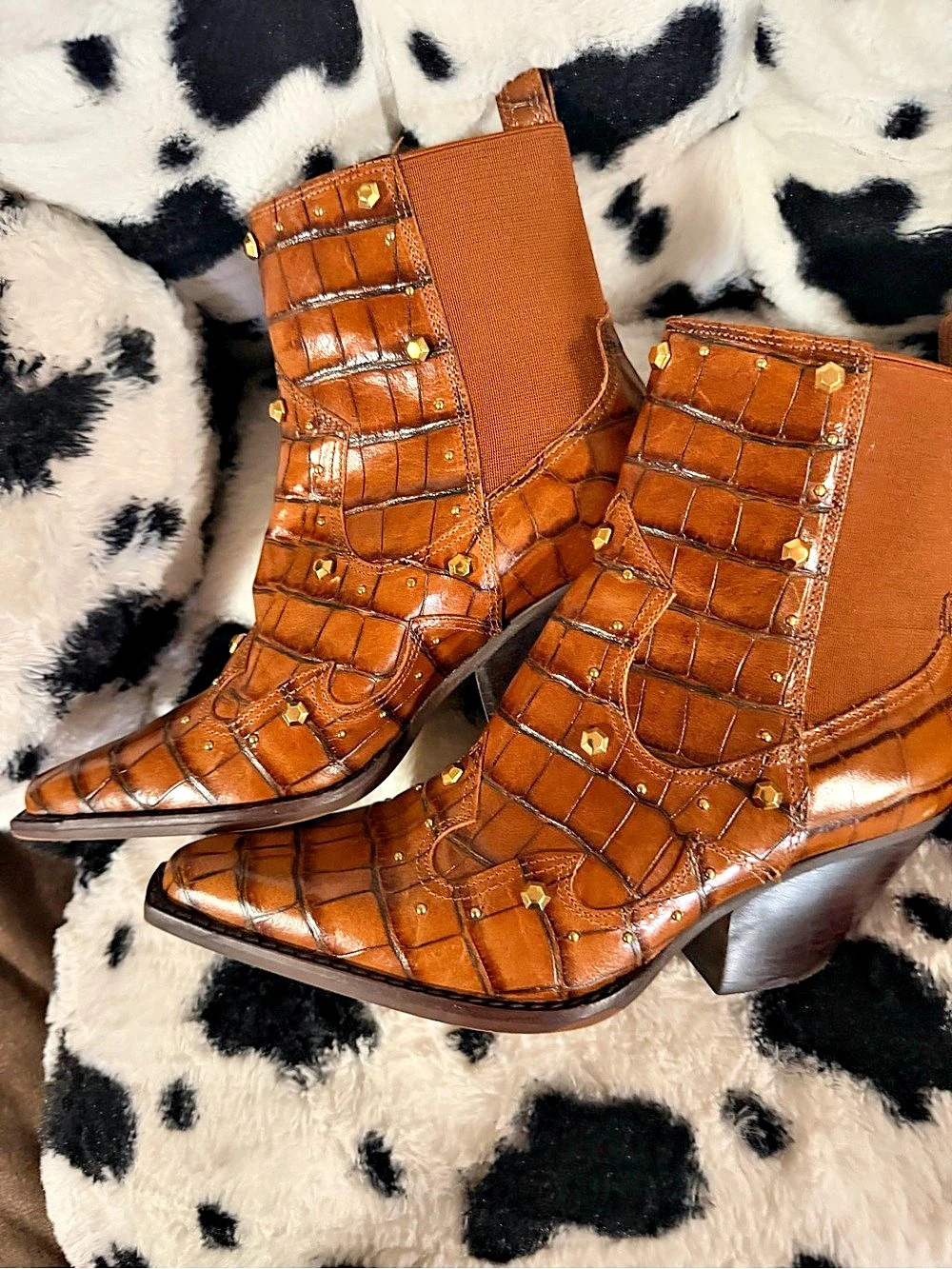 Crocodile Embossed Heeled Boots Brown US 6